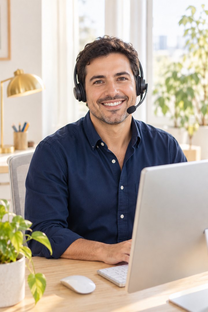 Ejecutivo de soporte con audífonos, sonriendo en su escritorio