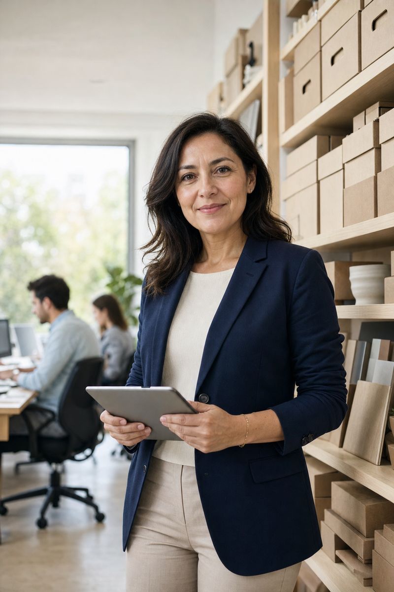 Gerenta de operaciones de una empresa, con una tablet, en una oficina con estantes de archivos