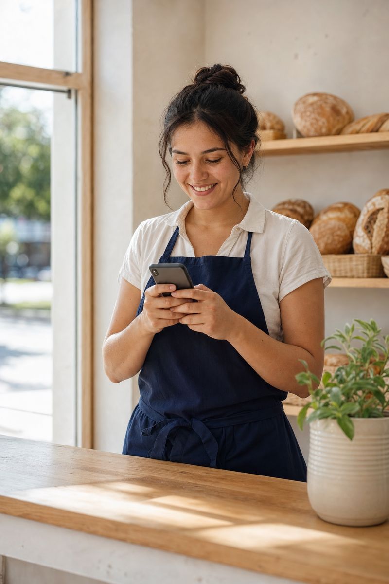 Dueña de una panadería sonriendo mientras mira su teléfono detrás del mostrador