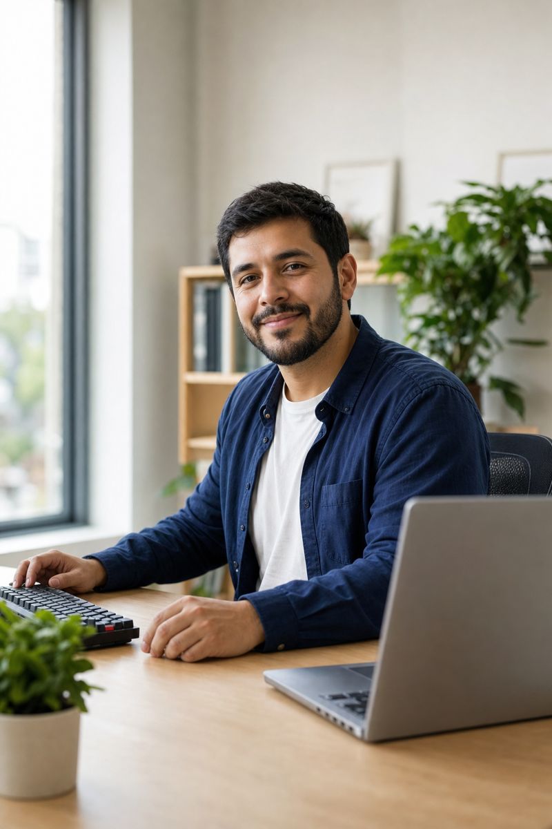 Encargado de informática de una pyme, sonriendo en su escritorio junto a su teclado y su notebook