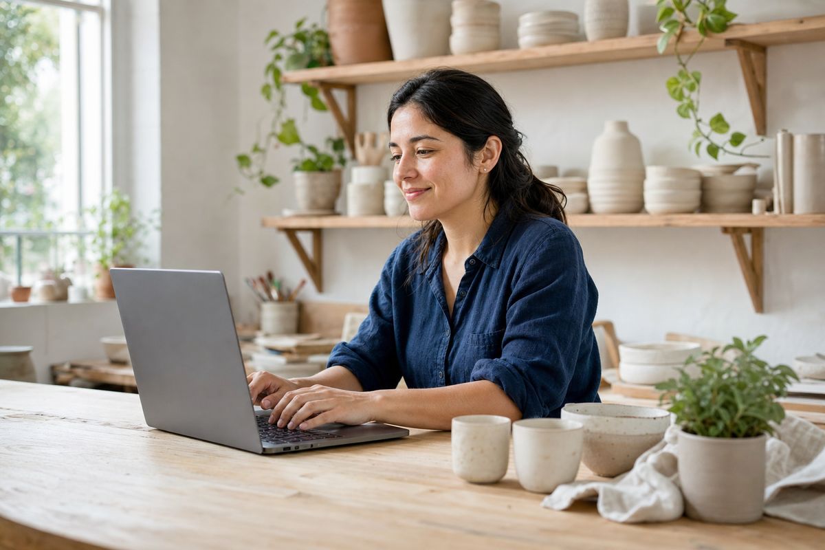 Emprendedora en su pequeño taller de cerámica, trabajando tranquila en su notebook
