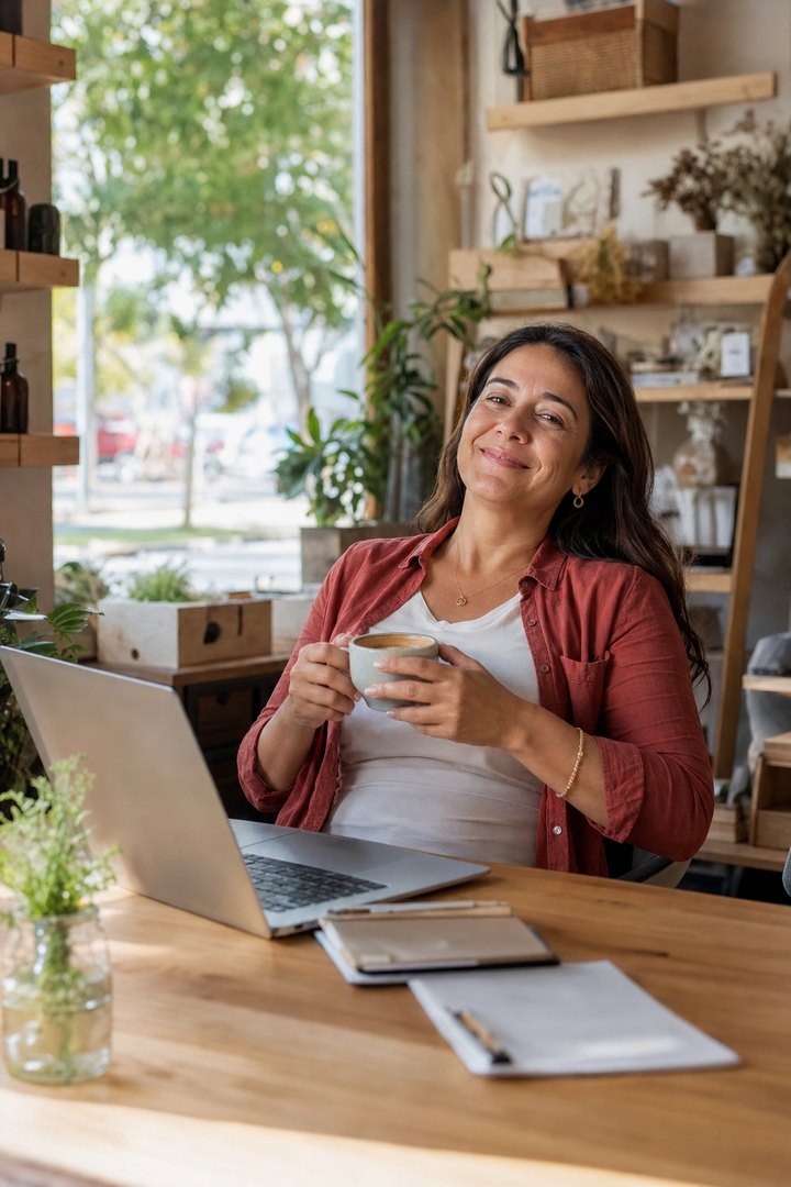 Dueña de una pyme tomando café, tranquila frente a su notebook en su local